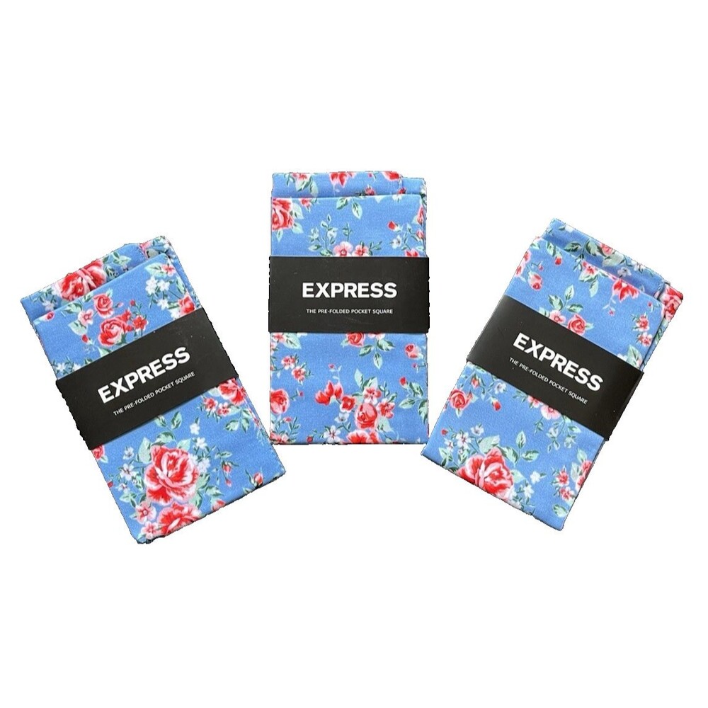 3-Pack, Express Pre-Folded Pocket Squares Blue Floral
